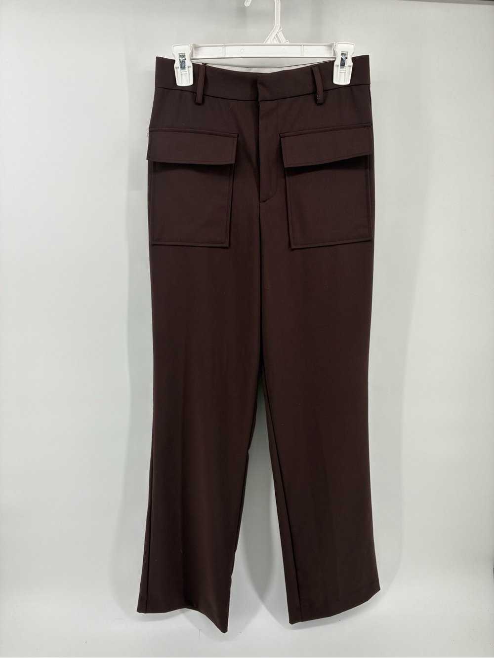High-Waist Wide Leg Pants with Front Flap Pockets - Dark Brown